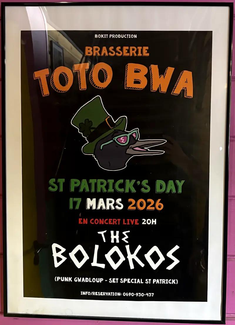 Affiche de la St Patrick's Day 2026 à la brasserie Toto Bwa, concert live de The Bolokos.